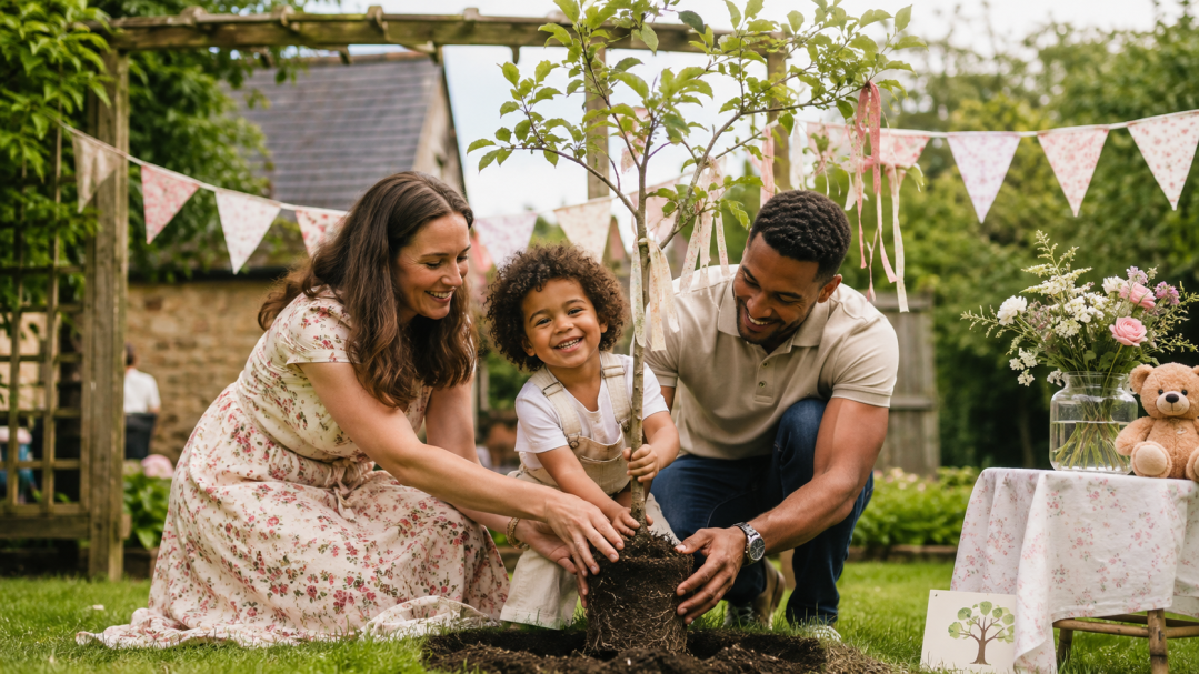 A family plants a tree together in a garden, celebrating a special occasion.